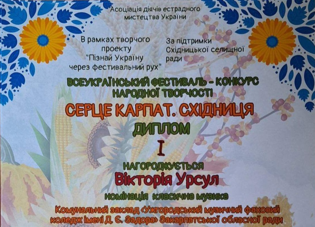Перемога на Всеукраїнському (очному)  конкурсі - фестивалі народної творчості «Серце Карпат»